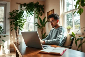 Pessoa sorrindo e trabalhando em um ambiente doméstico organizado, com laptop e caderno, ambiente iluminado e acolhedor.